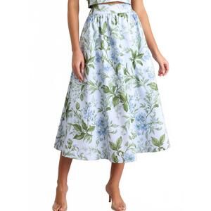 NEW PROSPERINA thena belted midi skirt in blue lilacs botanical